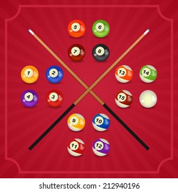 set of billiard balls, billiards, with cue