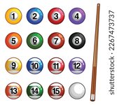 Set of billiard balls, a collection of all the pool or snooker balls with numbers collection isolated on white background, vector cartoon realistic illustration.