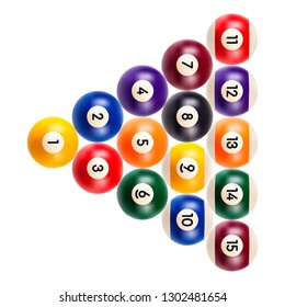 Set of billiard balls, a collection of all the pool balls with numbers isolated on white background, realistic illustration, eps 10