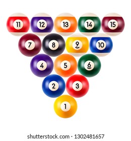 Set of billiard balls, a collection of all the pool balls with numbers isolated on white background, realistic illustration, eps 10