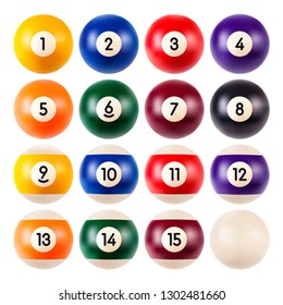 Set of billiard balls, a collection of all the pool or snooker balls with numbers isolated on white background, realistic illustration, eps 10