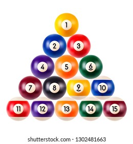 Set of billiard balls, a collection of all the pool balls with numbers isolated on white background, realistic illustration, eps 10