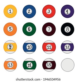 A set of billiard balls in different colors with numbers from 1 to 15. Illustration isolation on white background. Vector illustration.