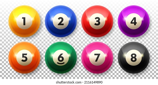 Set of billiard balls different colors. Recreational game sport. Vector illustration isolated on a transparent background.