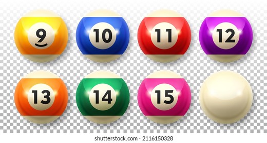 Set of billiard balls different colors. Recreational game sport. Vector illustration isolated on a transparent background.