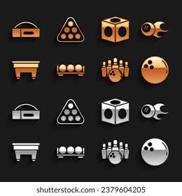 Set Billiard balls on a stand, Bowling, pin, table, chalk, Case for billiard cue and rack triangle icon. Vector