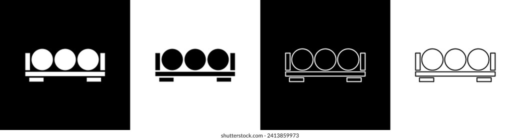 Coloque bolas de Billiard en un icono de soporte aislado en fondo blanco y negro. Bolas de billar en una repisa.  Vector