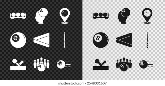 Set Billiard balls on a stand, Bowling, Location with bowling, pin,  and triangle icon. Vector