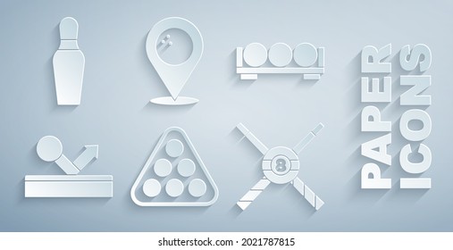 Set Billiard balls in rack triangle, on stand, Crossed billiard cues, Location with bowling and Bowling pin icon. Vector