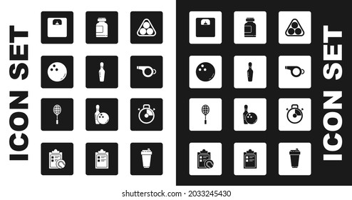 Set Billiard balls in a rack triangle, Bowling pin, Bathroom scales, Whistle, Sports nutrition, Stopwatch and Tennis racket icon. Vector