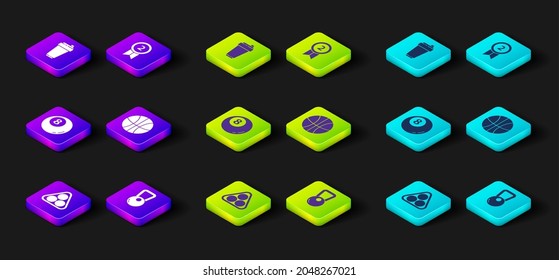 Ponga bolas de Billiard en un triángulo de cremallera, Kettlebell, billar, baloncesto, Medal y un icono de agitador Fitness. Vector