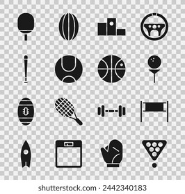 Set Billiard balls in rack triangle, Volleyball net, Golf on tee, Award over sports winner podium, Tennis, Baseball bat, Racket for playing table tennis and Basketball icon. Vector