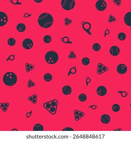 Set Billiard balls in a rack triangle, Tennis, Bowling and Whistle on seamless pattern. Vector