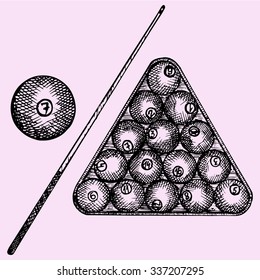 Set of billiard balls in triangle, billiard ball and cue,  doodle style, sketch illustration, hand drawn, vector