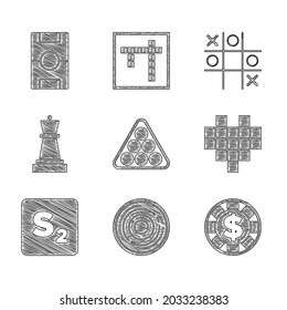 Set Billiard balls in triangle, Checker game chips, Casino with dollar, Pixel hearts for, Bingo, Chess, Tic tac toe and Hockey table icon. Vector