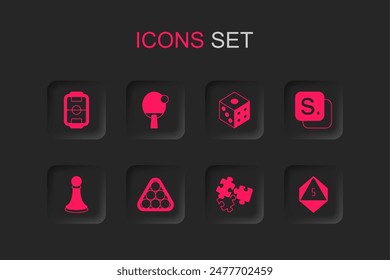 Set Billiard balls in triangle, Racket, Table football, Puzzle pieces toy, Bingo, Game dice,  and Chess pawn icon. Vector