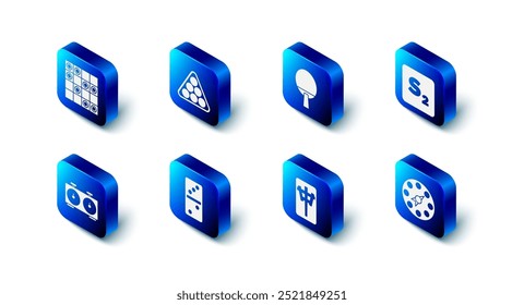 Set Billiard balls in triangle, Racket, Bingo, Twister game, Mahjong pieces, Domino, Time chess clock and Board of checkers icon. Vector