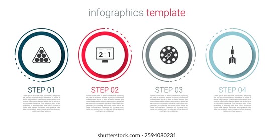 Set Billiard balls in triangle, Sport mechanical scoreboard, Twister game and Dart arrow. Business infographic template. Vector