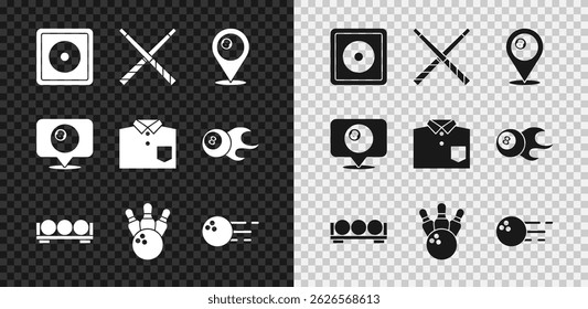 Definir giz de bilhar, Sinais de bilhar cruzado, Localização com bola, bolas stand, Boliches pin, e ícone de camisa. Vetor