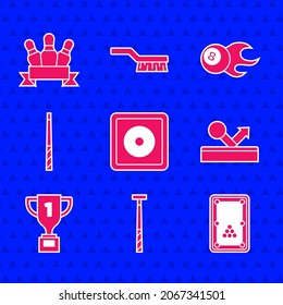 Set Billiard chalk, cue, table, ball, Award cup,  and Bowling pin icon. Vector