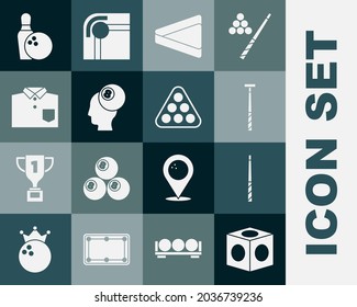 Set Billiard chalk, cue, triangle, ball, Bowling shirt, pin and and balls rack icon. Vector