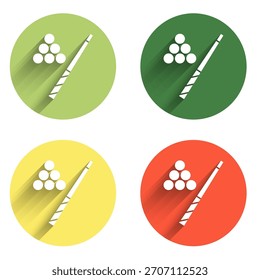 Set Billiard cue and ball icon isolated with long shadow background. Color circle button. Vector