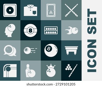 Set Billiard cue and ball, table, Bowling, chalk and balls on stand icon. Vector