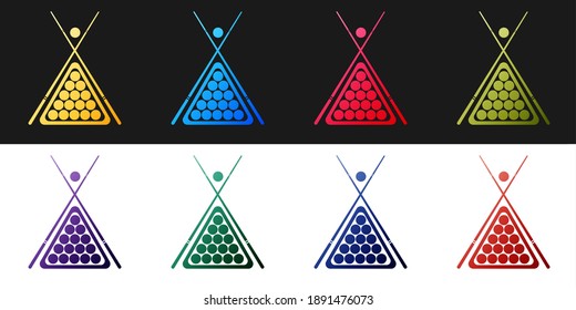 Set Billiard cue and balls in a rack triangle icon isolated on black and white background. Vector.