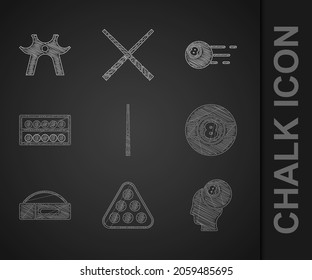 Ajuste el cue de Billiard, las bolas en el triángulo de rack, el estuche para billar, el soporte y el icono de descanso. Vector