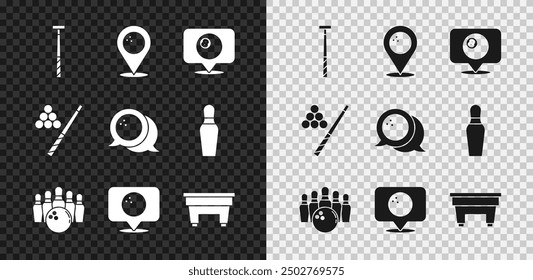 Set Billiard cue, Location with bowling ball, billiard, Bowling pin and, table,  and  icon. Vector