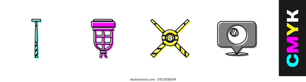 Set Billar cue, bolsillo, cruzado billar cues y bola y Locación con icono. Vector
