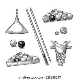 Set billiard. Cue sticks, balls, chalk block, pocket and lamp.Vintage black engraving illustration for poster, web. Isolated on white background.