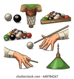Set billiard. Cue sticks, balls, chalk block, pocket and lamp.Vintage color engraving illustration for poster, web. Isolated on white background.