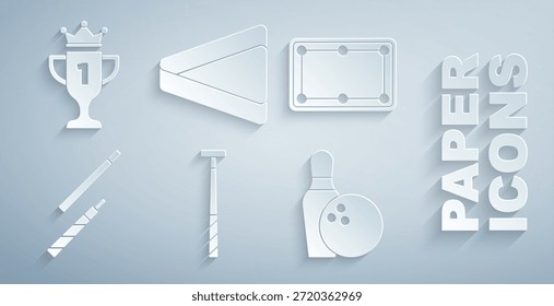 Set Billiard cue, table, Bowling pin and ball, triangle and Award cup icon. Vector