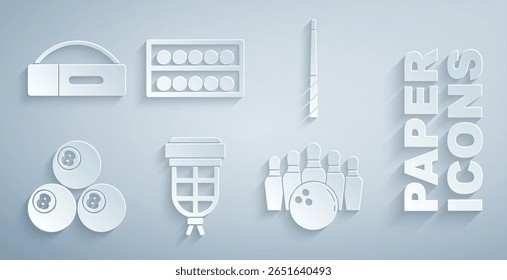 Set Billiard pocket, cue, ball, Bowling pin and, balls on stand and Case for billiard icon. Vector