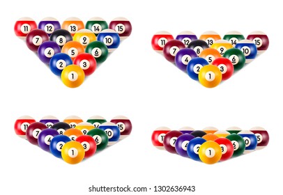 Set billiard pool balls pyramid isolated on white background