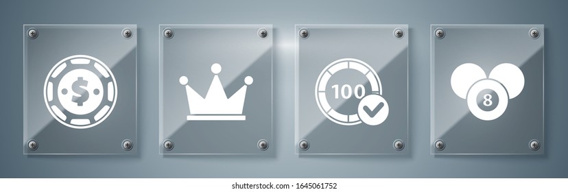 Pon billar billar billar 8 bolas, fichas de Casino, Crown y fichas de Casino con dólar. Paneles de vidrio cuadrado. Vector