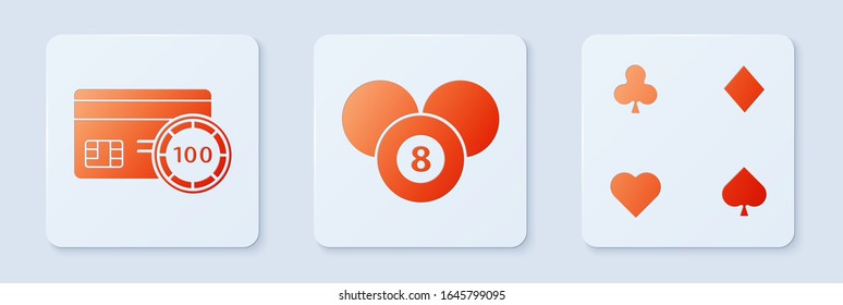 Set Billiard pool snooker 8 ball, Credit card and Playing cards. White square button. Vector