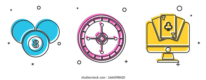 Set Billiard pool snooker 8 ball, Casino roulette wheel and Online poker table game icon. Vector