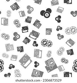 Set Billiard pool snooker 8 ball, Casino chip and playing cards, Casino chip with dollar and Playing card with heart on seamless pattern. Vector