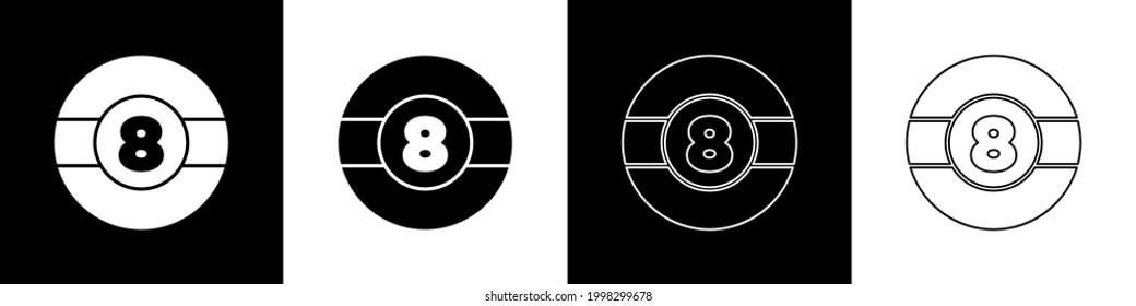 Establece la bola de billar Billiard con el icono número 8 aislado en fondo blanco y negro.  Vector
