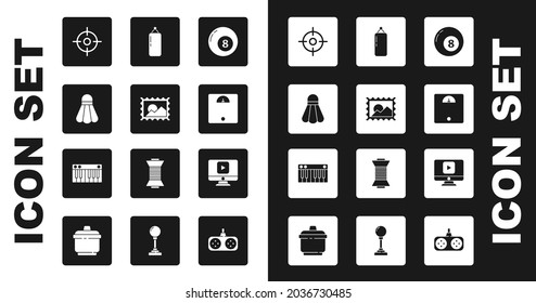 Set Billiard pool snooker ball, Postal stamp, Badminton shuttlecock, Target sport, Bathroom scales, Punching bag, Online play video and Music synthesizer icon. Vector