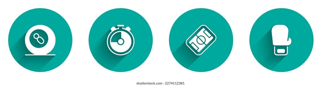 Set Billiard pool snooker ball, Stopwatch, Football field and Boxing glove icon with long shadow. Vector