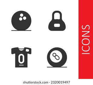 Set Billiard pool snooker ball, Bowling, Football jersey and t-shirt and Weight icon. Vector