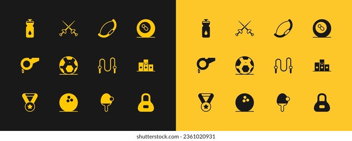 Ponga el balón de billar Billiard, boliche, cuerda de salto, raqueta, fútbol, arco medieval, agitador de fitness e icono de cercas. Vector