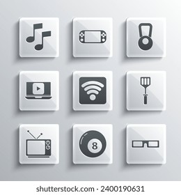 Set Billiard pool snooker ball, Cinema glasses, Spatula, Wi-Fi wireless internet network, Retro tv, Online play video, Music note, tone and Kettlebell icon. Vector