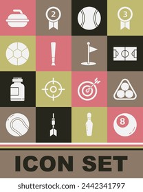 Set Billar billar billar, pelotas en triángulo de rack, Fútbol o campo de fútbol, Tenis, Bate de béisbol, Piedra para curling juego de deporte e icono de bandera de golf. Vector