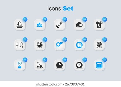 Set Billard Pool Snooker Ball, Stopwatch, Award über Sport Sieger Podium, Cup, Sport mechanische Anzeigetafel, Ziel, Yacht Segelboot und Whistle Symbol. Vektorgrafik