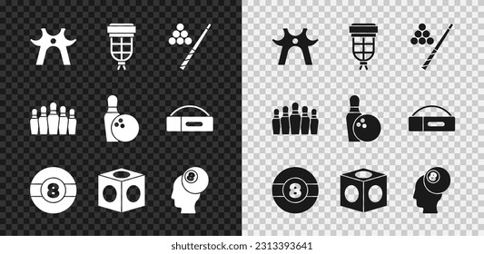 Set Billiard rest, pocket, cue and ball, chalk, Bowling pin and  icon. Vector