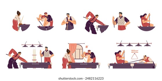 A set of billiard room scenes in which characters play billiards, both in isolation and in a furnished interior. Ideal for sports club or entertainment graphics.